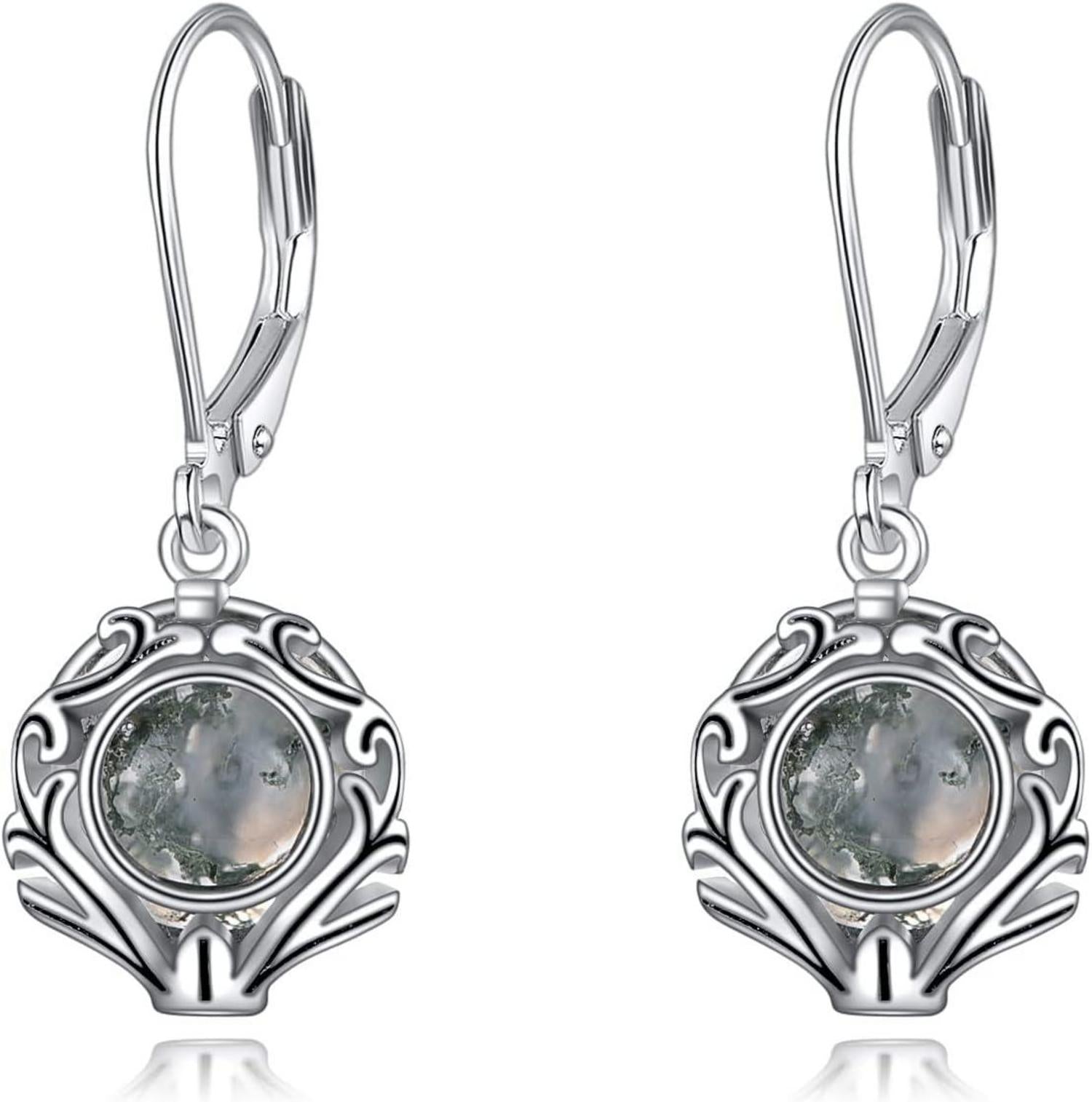 Moosachat Sterling Silber Leverback Ohrringe Filigran Elegantes Design