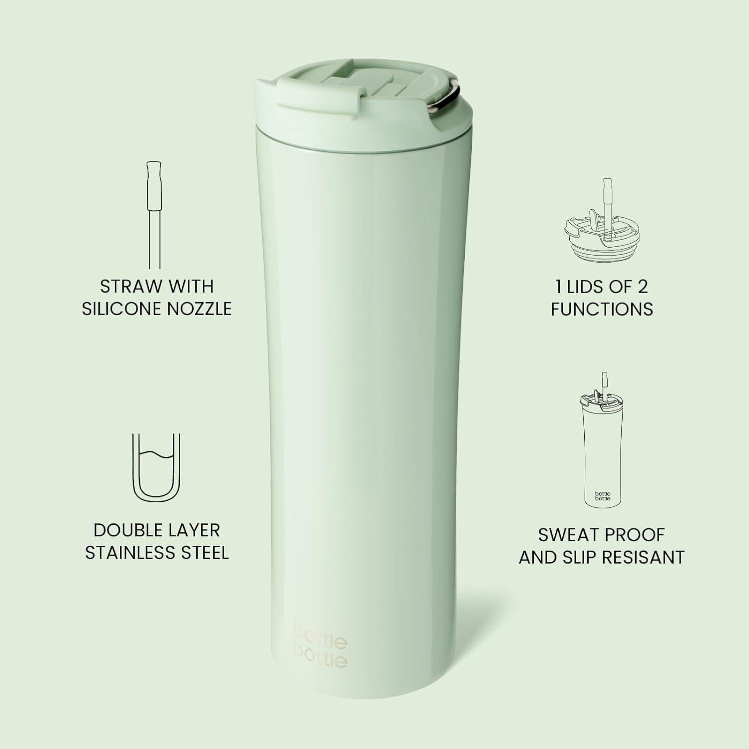 Isolierter Kaffeebecher 680 ml mit Deckel, Strohhalm und Griff, auslaufsicher - Grün