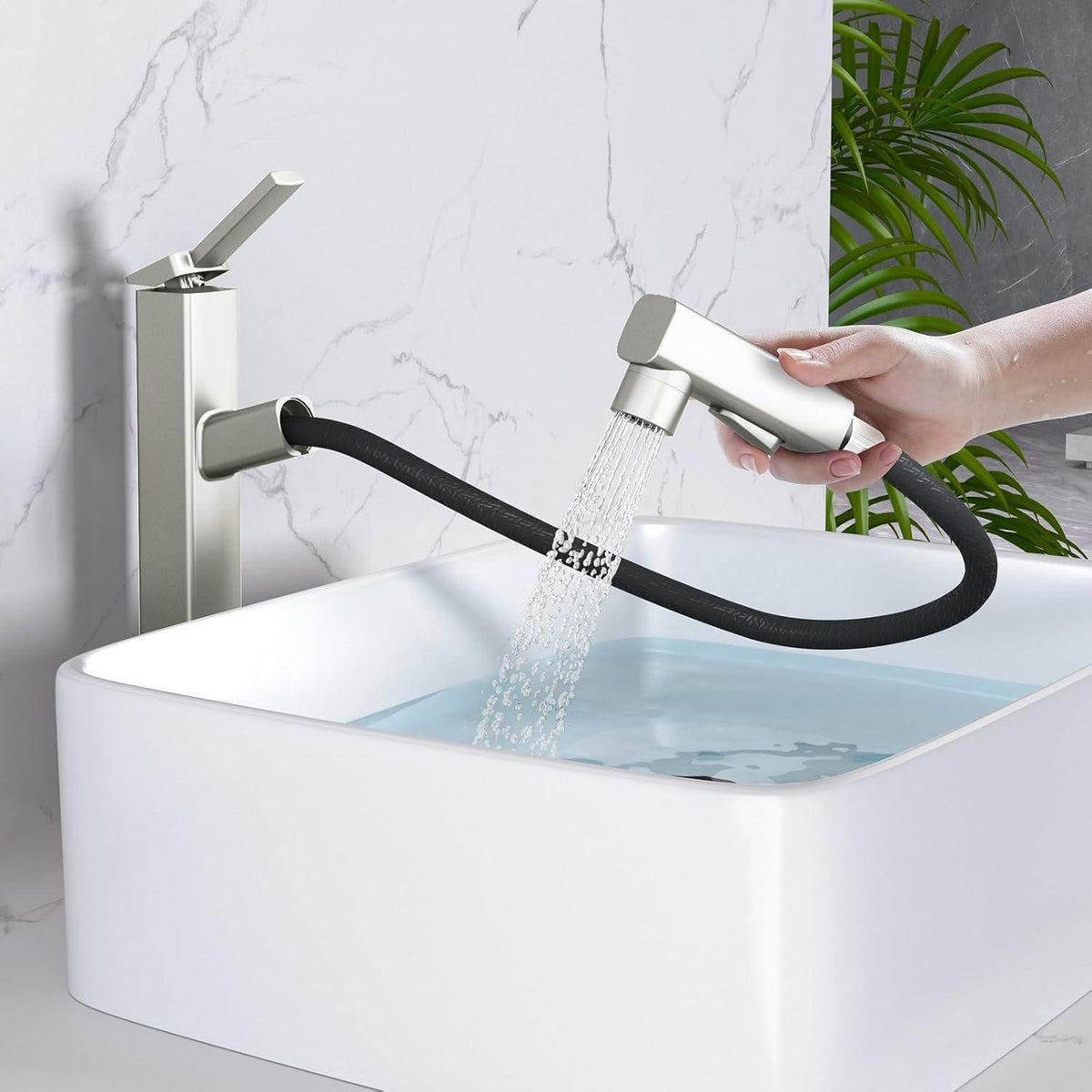 Badezimmerarmatur mit herausziehbarem Sprühkopf, 3 Modi, gebürstetes Nickel