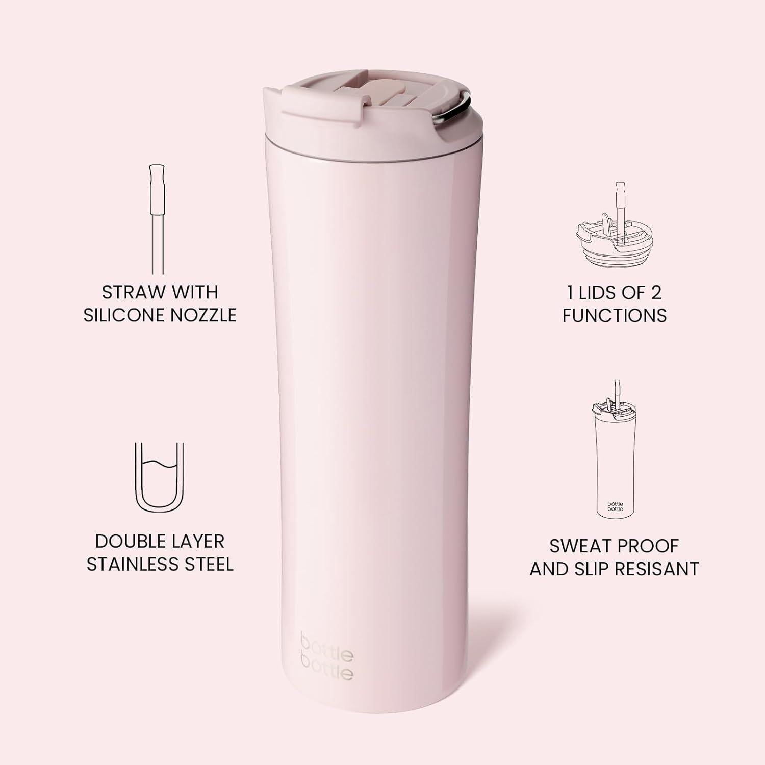 Isolierter Kaffeebecher 680 ml Strohhalm und Griff Rosa