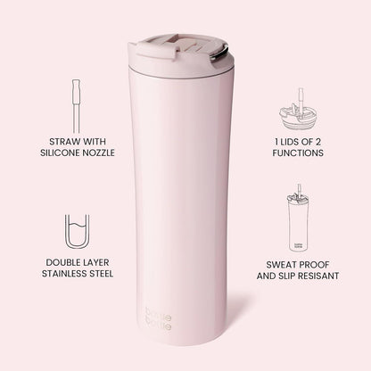Isolierter Kaffeebecher 680 ml Strohhalm und Griff Rosa