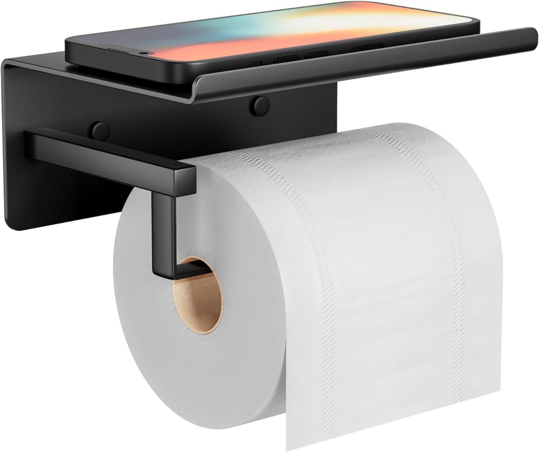 Toilettenpapierhalter Schwarz ohne Bohren mit Ablage und Klebemontage