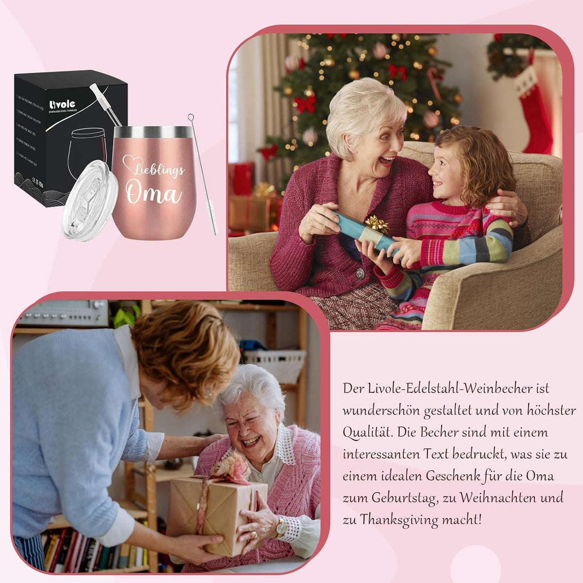 Livole Oma Geschenk: 350ml Thermobecher aus Edelstahl - Weihnachtsgeschenke
