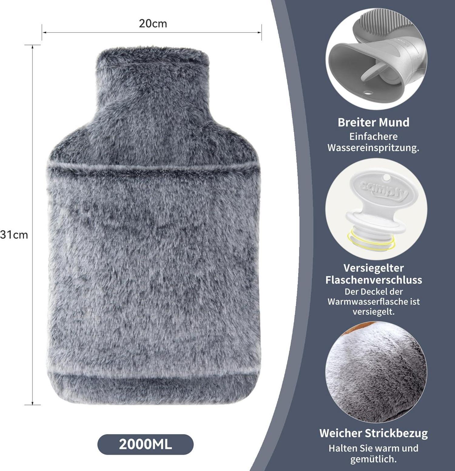 Wärmflasche 2L mit weichem Bezug ideal für kalte Nächte Grau