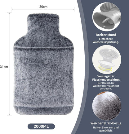 Wärmflasche 2L mit weichem Bezug ideal für kalte Nächte Grau