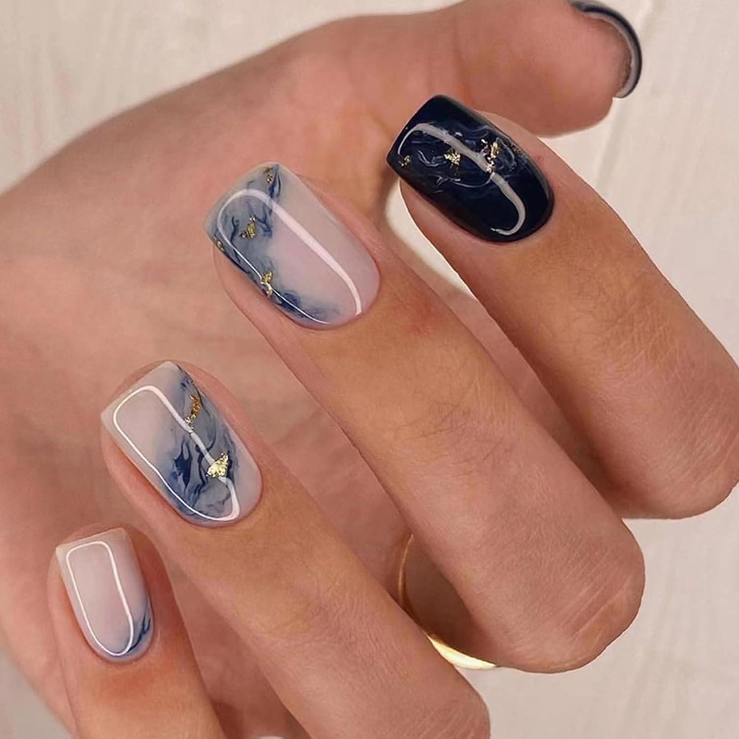 24 Stück Dunkelblaue Künstliche Nägel Press on Nails Acryl French