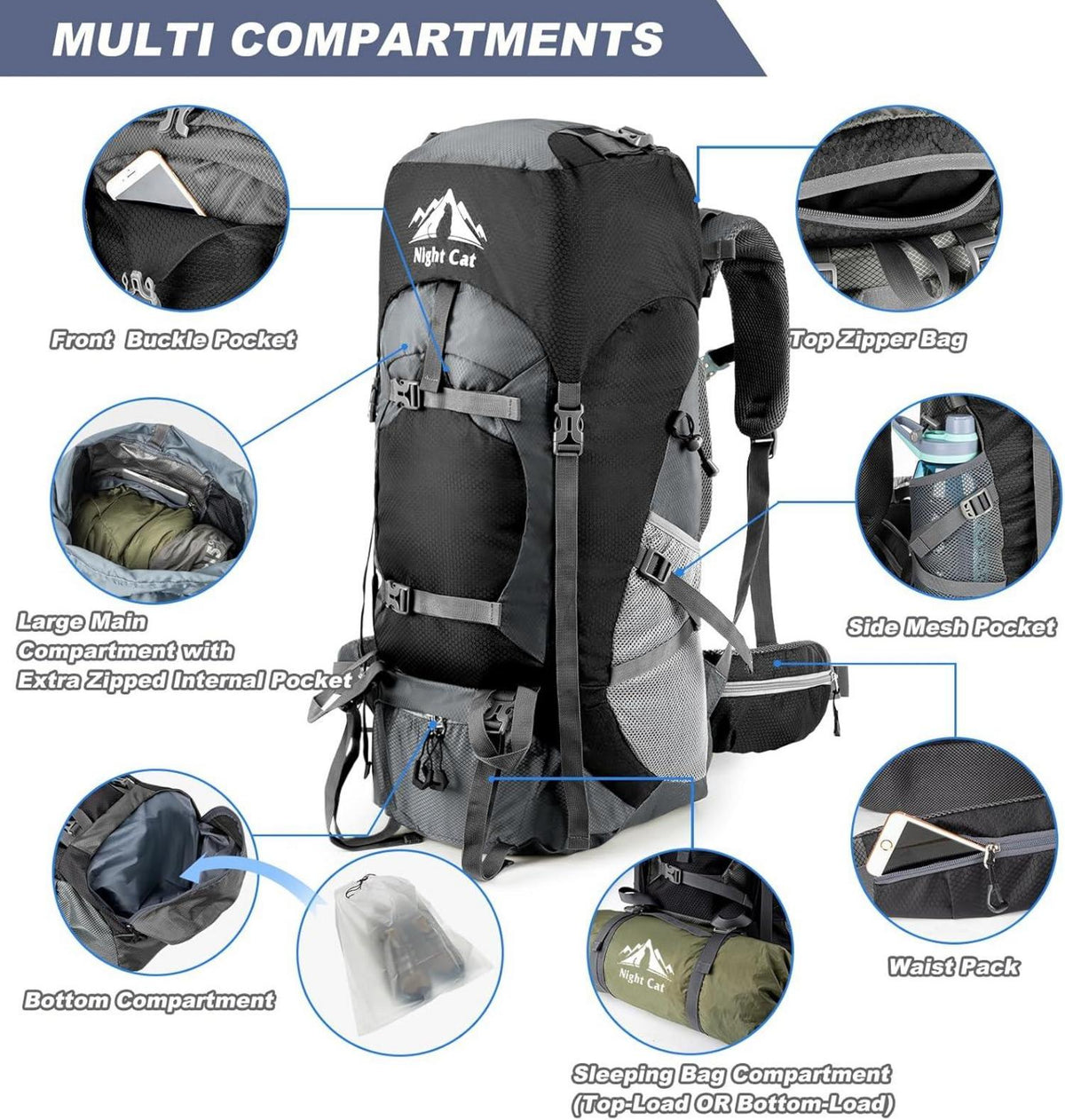 Night Cat Trekkingrucksack 90L Schwarz Herren Damen Camping Wandern