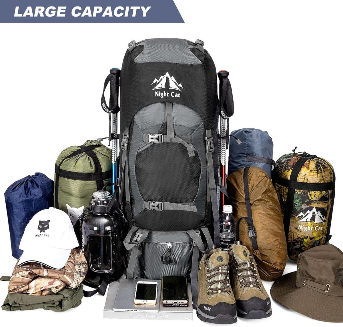 Night Cat Trekkingrucksack 90L Herren Damen Schwarz