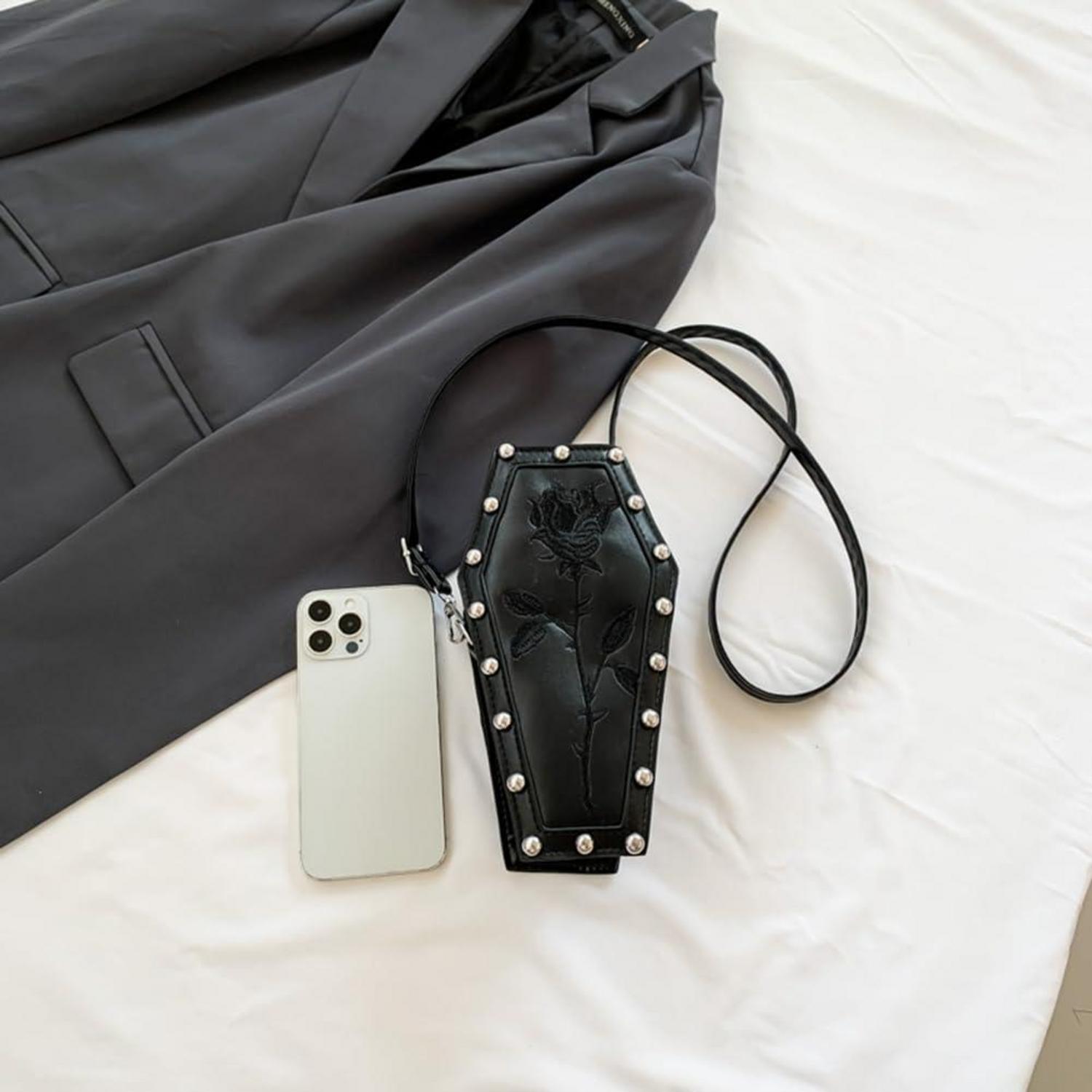 Schwarze Gothic Umhängetasche Sarg Form Halloween Crossbody Tasche