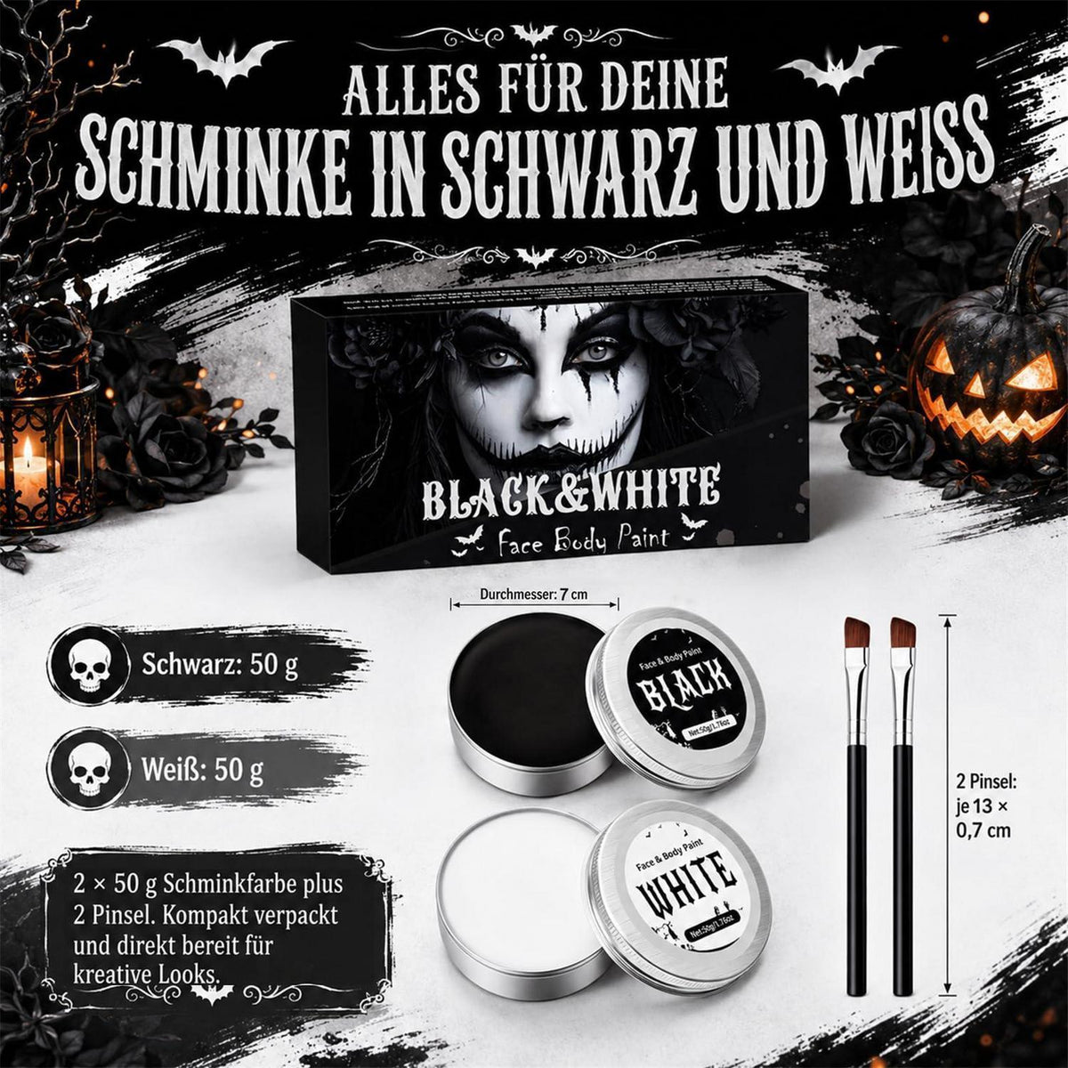 Halloween Schminke Set Schwarz Weiß für Gesicht und Körper