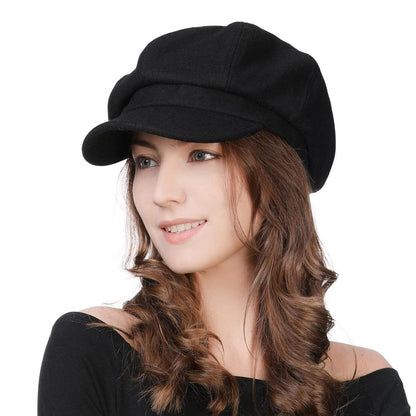 Damen Ballonmütze Wolle warm mit Visor, Schwarz