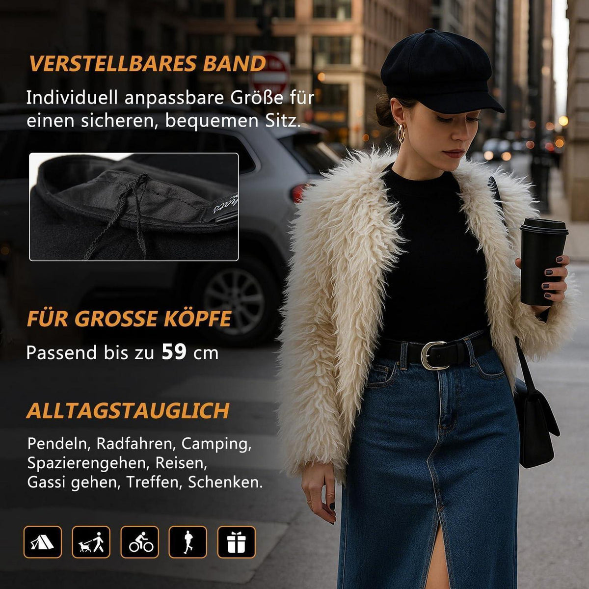 Damen Ballonmütze Wolle warm mit Visor, Schwarz