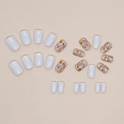 24 Künstliche Nägel French Weiß Blumen Acryl Press on Nails