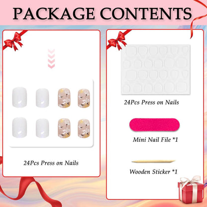 24 Stück Künstliche Nägel French Weiß Blumen Press on Nails