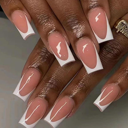 24er Set Eckige Mittellange French Tip Kunstnägel Nude Rosa