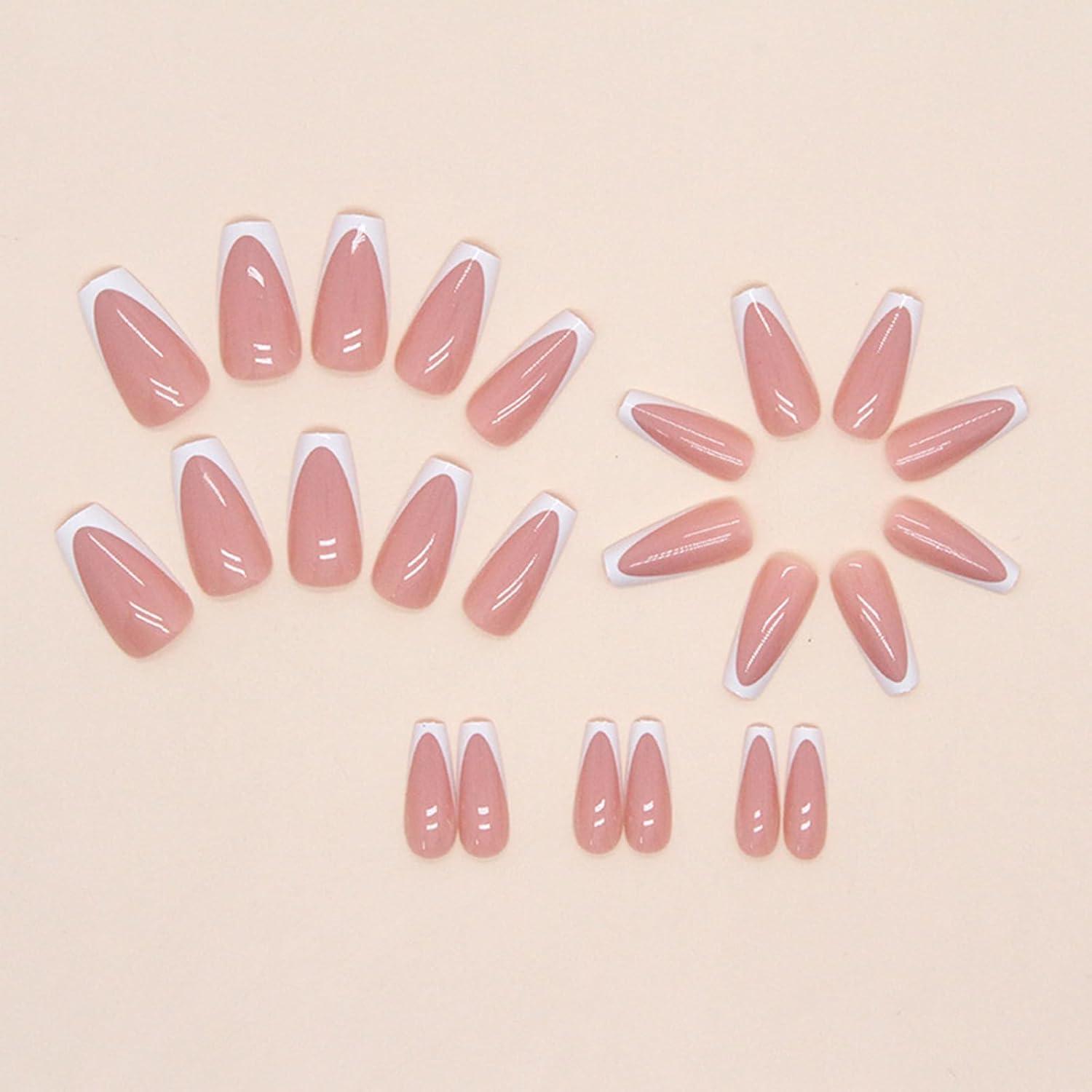 24er Set Eckige Mittellange French Tip Kunstnägel Nude Rosa