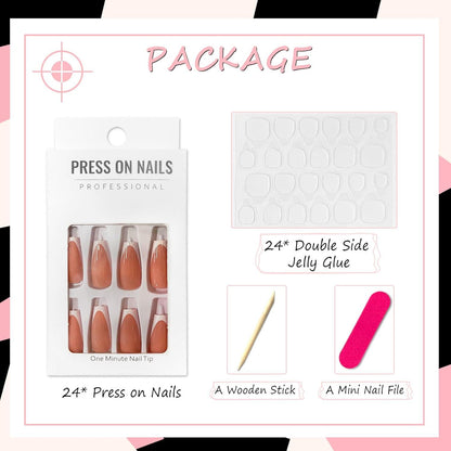 24x Acryl Nägel French Tips Rosa Square Full Cover Ballerina Mittellang