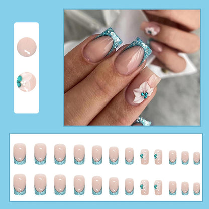24 Stück Eckige Kurze Blaue Strass Nägel mit Press on Nails