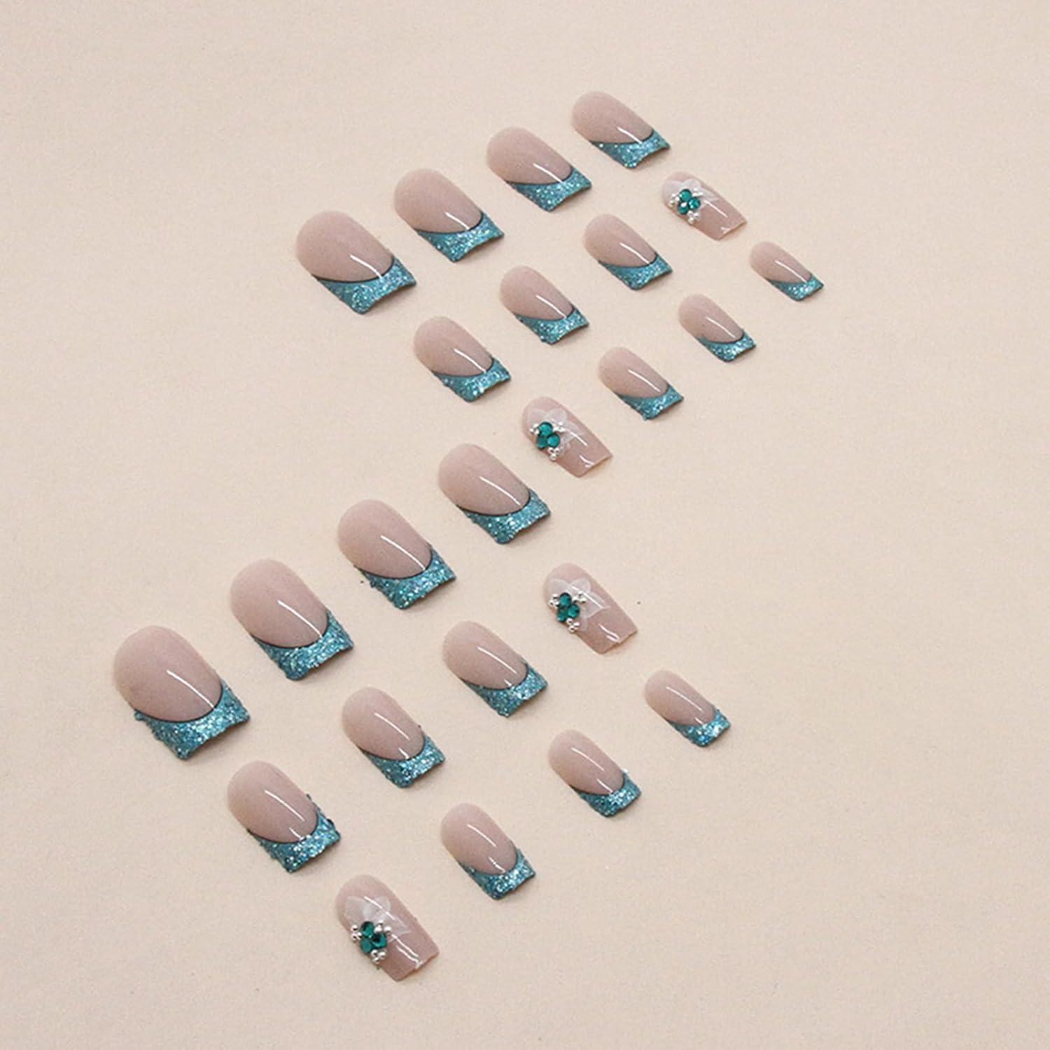 24 Stück Blaue Strass Press on Nails mit Klebepads - Wiederverwendbare Eckige Kunstnägel