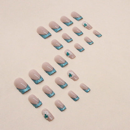 24 Stück Blaue Strass Press on Nails mit Klebepads - Wiederverwendbare Eckige Kunstnägel