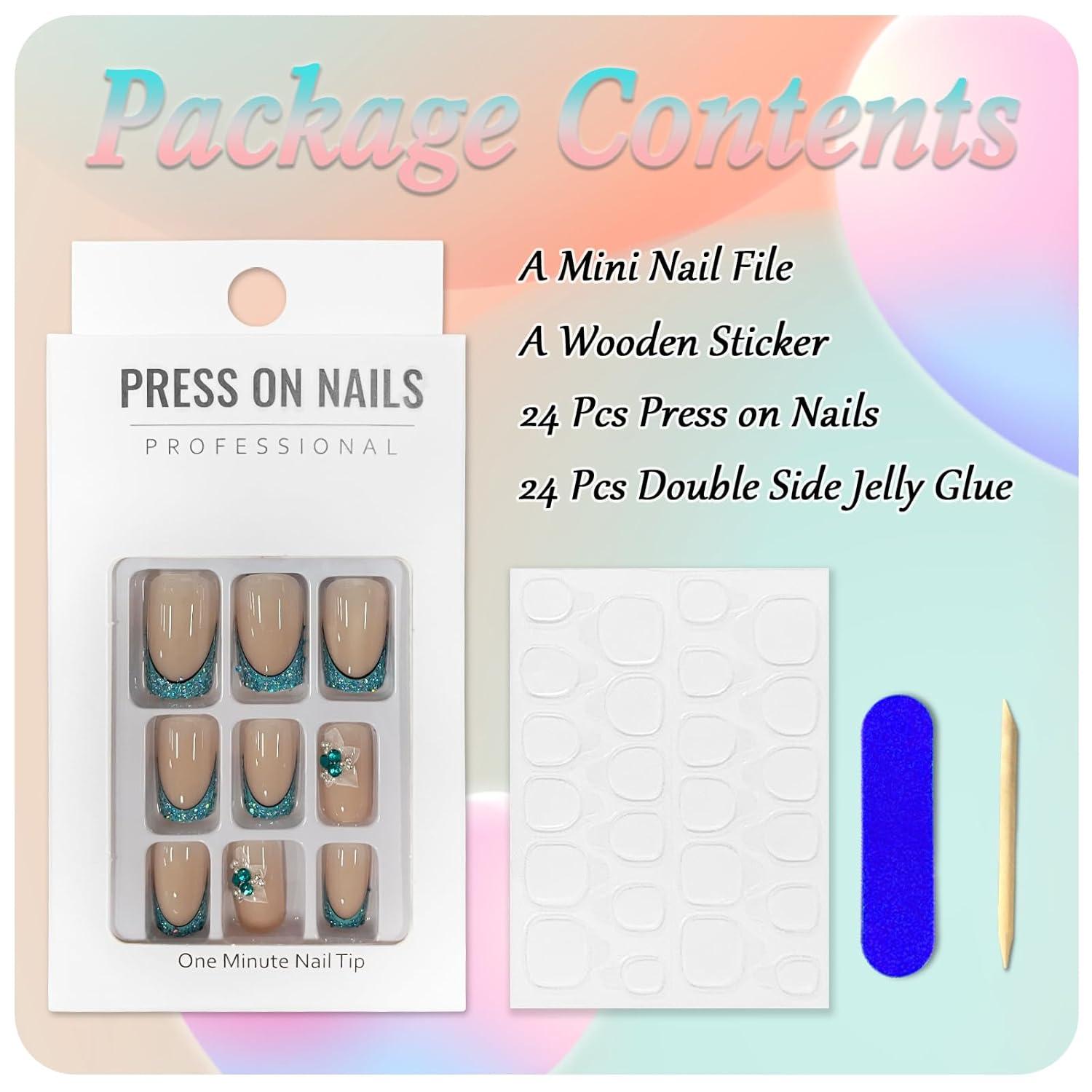 24x Eckige Kurze Strass Press on Nails Blau Glänzend mit Klebepads