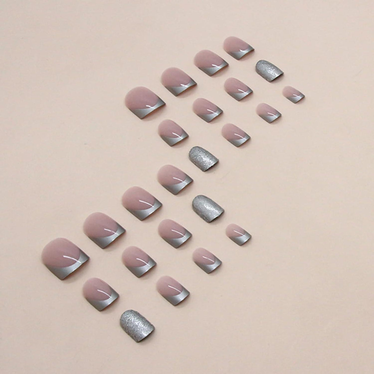 24er Pack Französische Press on Nails, Silber Rosa Eckig - Glänzende Künstliche Nägel