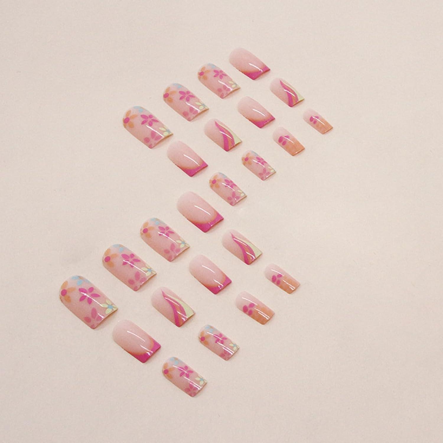24er Set Acrylnägel Eckig - French Glossy Blumen Nägel - Künstliche Fingernägel mit Klebepads
