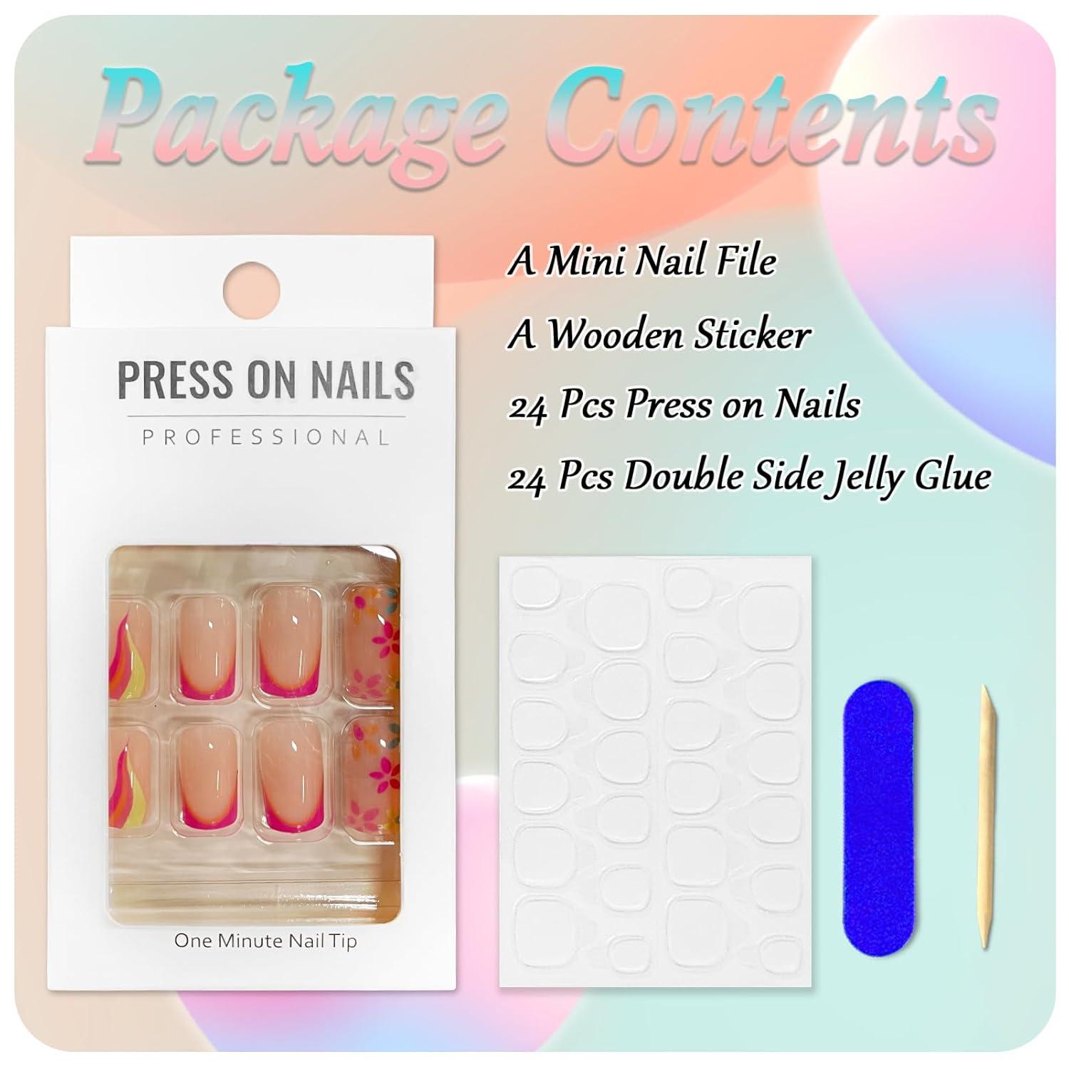 24 Stk. Eckige Kurze Nägel Blumen Full Cover Press on Nails Acryl Kunstnägel