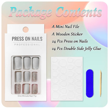 24 Stück Glitzer Acryl Nägel Eckig Weiß Press on Nails Designs