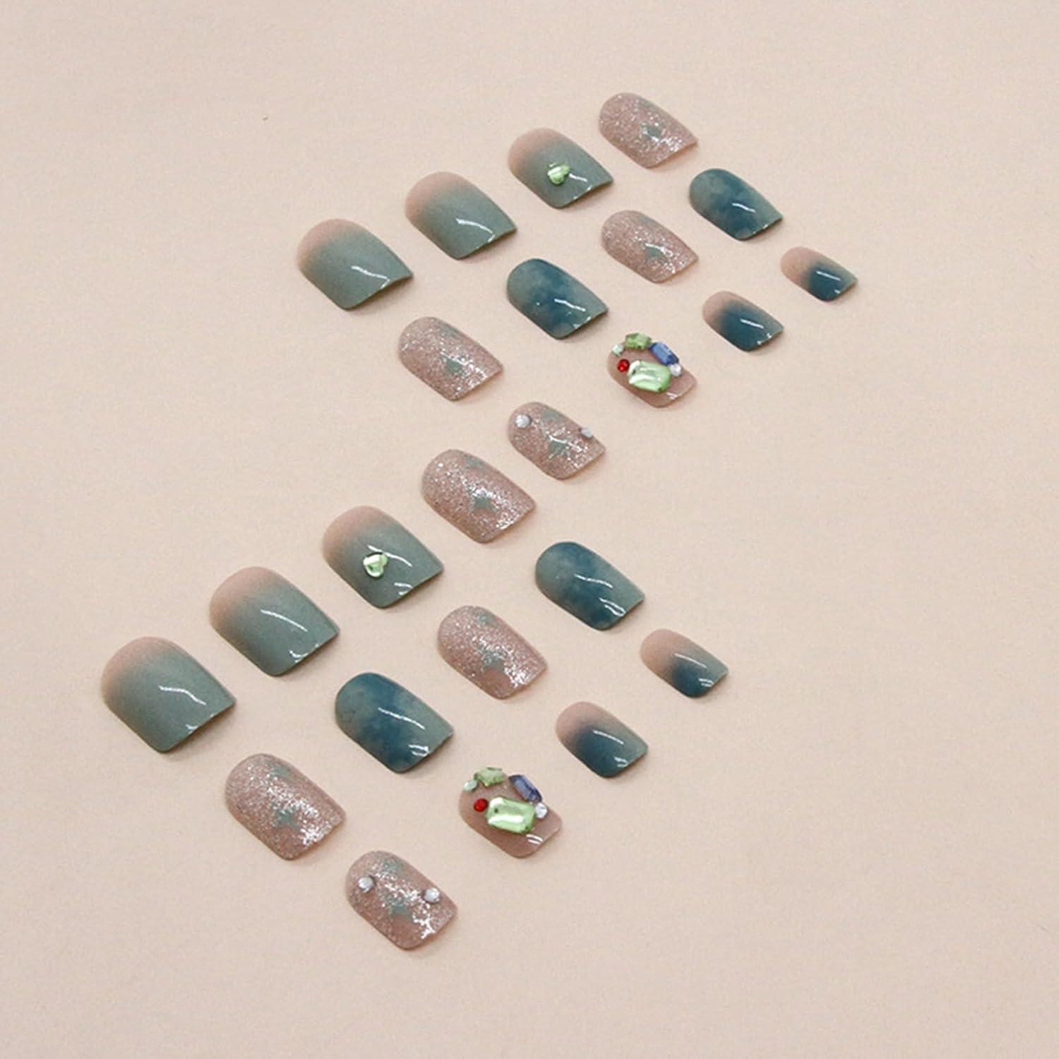 Ceboic 24 Stück Press on Nails Eckig Kurz, French Grün Künstliche Nägel Glossy Ballerina Falsche Nägel Diamant Designs