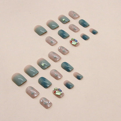 Ceboic 24 Stück Press on Nails Eckig Kurz, French Grün Künstliche Nägel Glossy Ballerina Falsche Nägel Diamant Designs