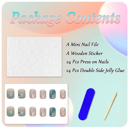 24x Eckige French Grün Künstliche Nägel mit Diamant Designs
