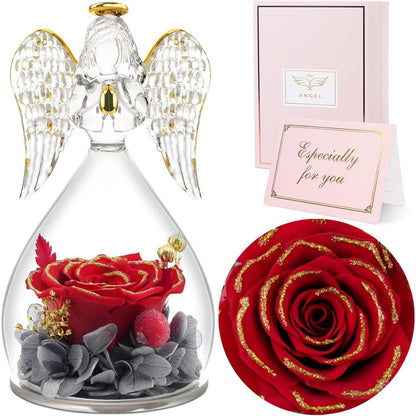 Sunia Ewige Rose mit Engel Figur in Glaskuppel Rot