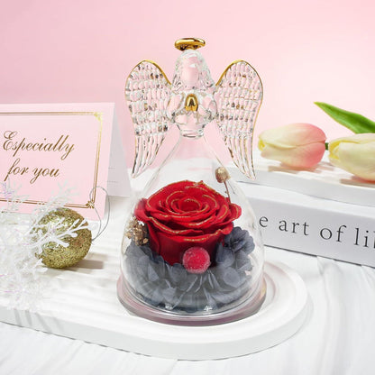 Sunia Ewige Rose mit Engel Figur in Glaskuppel Rot