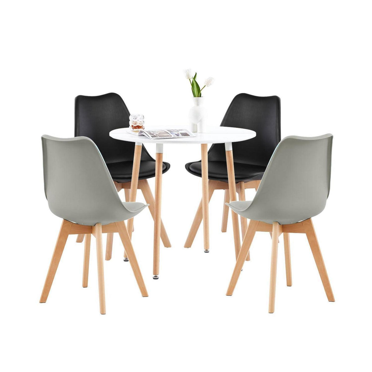 Skandinavisches Essgruppen-Set: Holztisch (80cm) & 4 Stühle