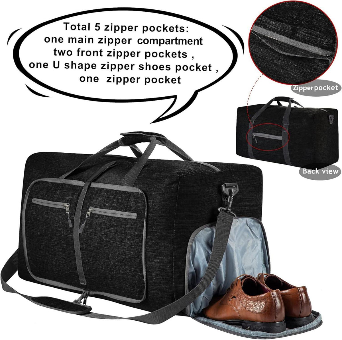Leichte 65L Faltbare Reisetasche mit Schuhfach, Sporttasche - Schwarz