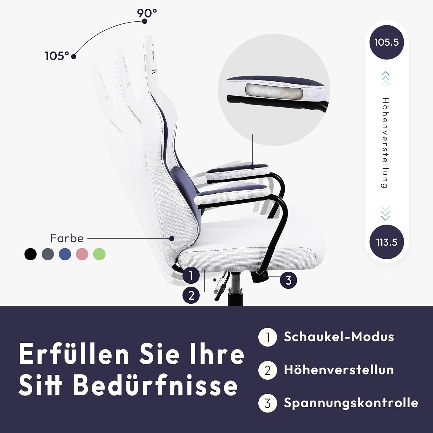 Dowinx Gaming Stuhl Stoff Erwachsene Kinder Lendenwirbelstütze Bürostuhl Grau