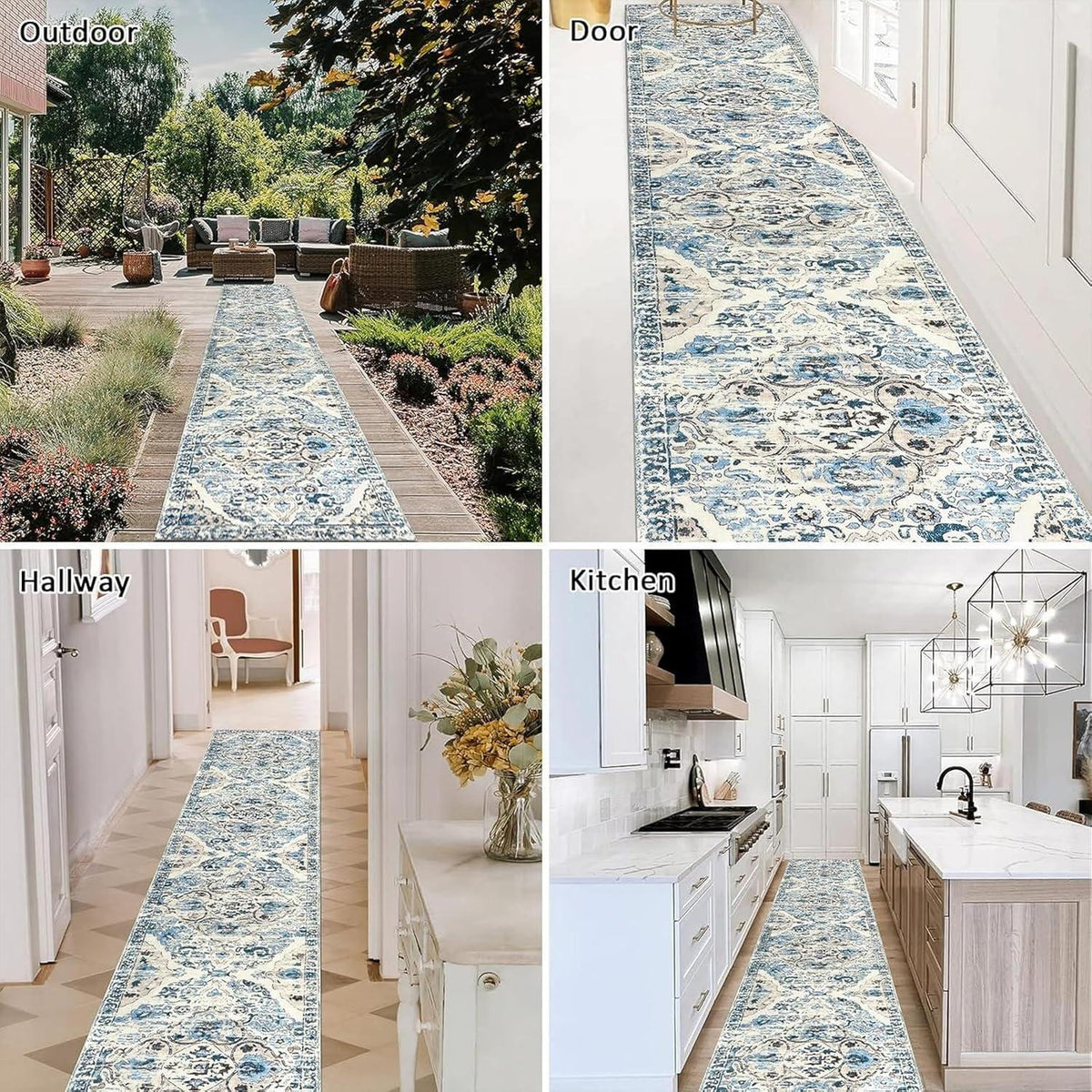 Enyhom Langer Flur Teppich Läufer 60x305cm Blau Klassisch Waschbar