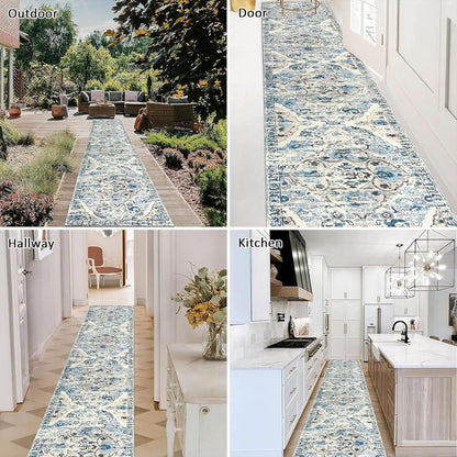 Enyhom Langer Flur Teppich Läufer 60x305cm Blau Klassisch Waschbar