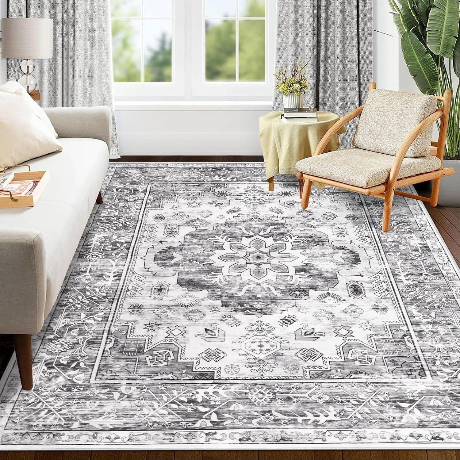 Großer Vintage Bohemian Kurzflorteppich, Grau 120x180cm