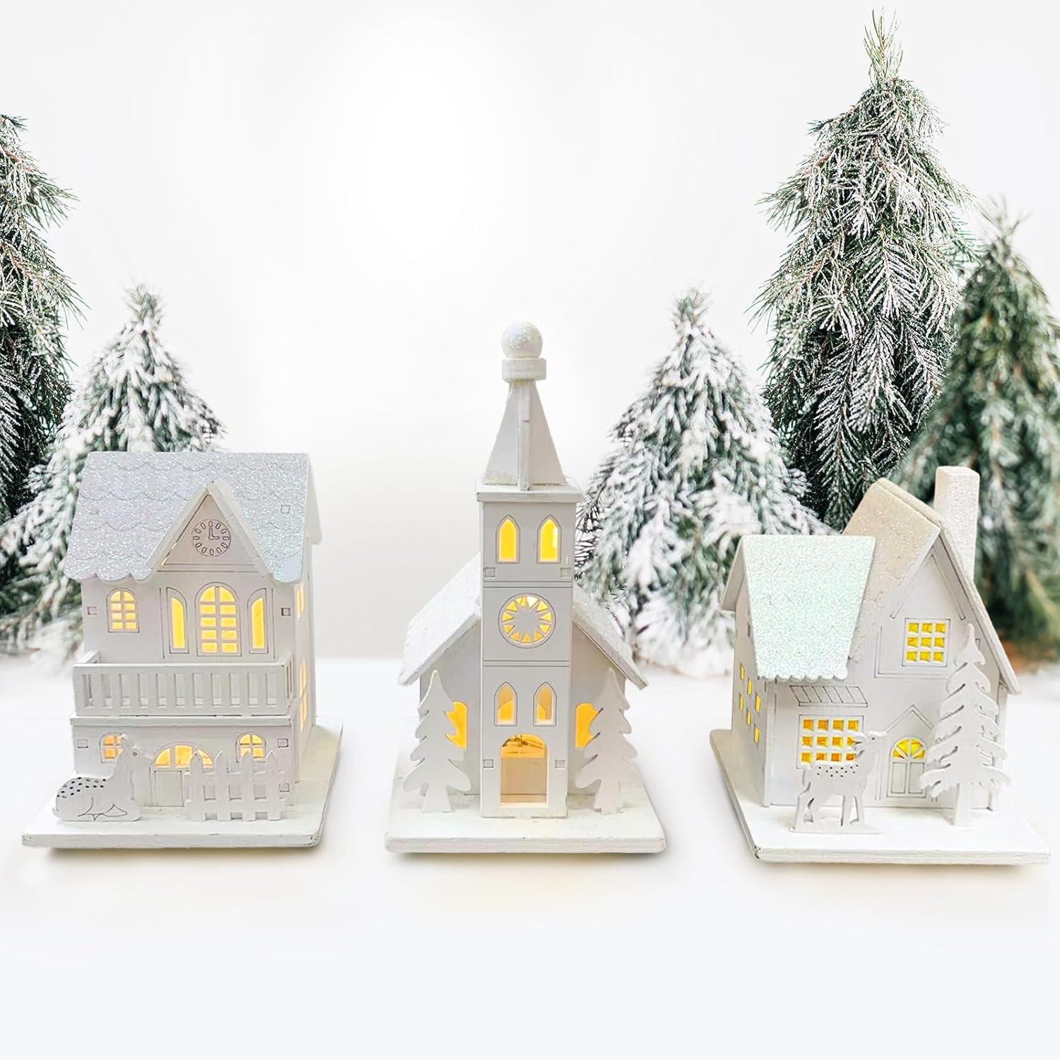 3-teiliges Weihnachtsdorf LED Beleuchtung Holz Weihnachtsdeko