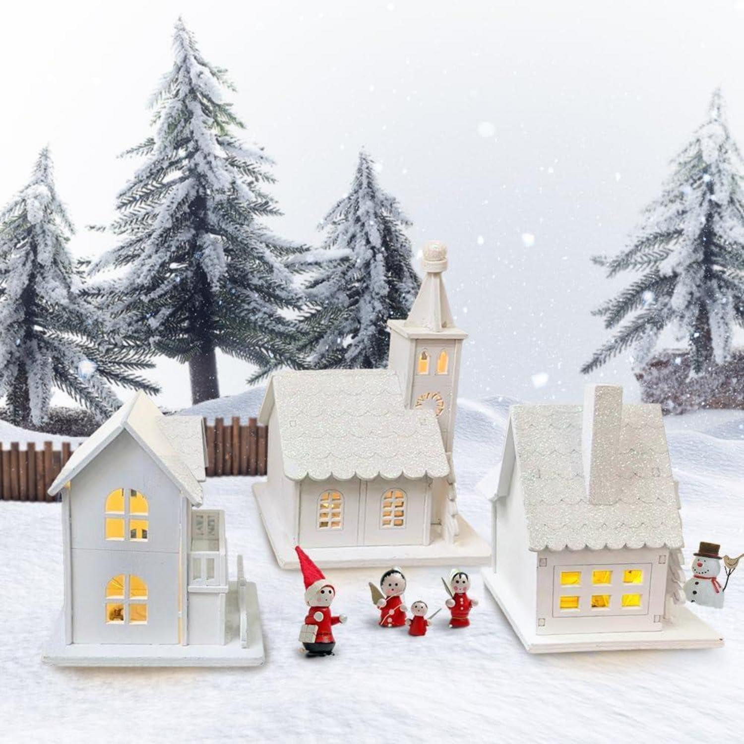 3er Set Weihnachtsdorf Holz LED Beleuchtung Mini