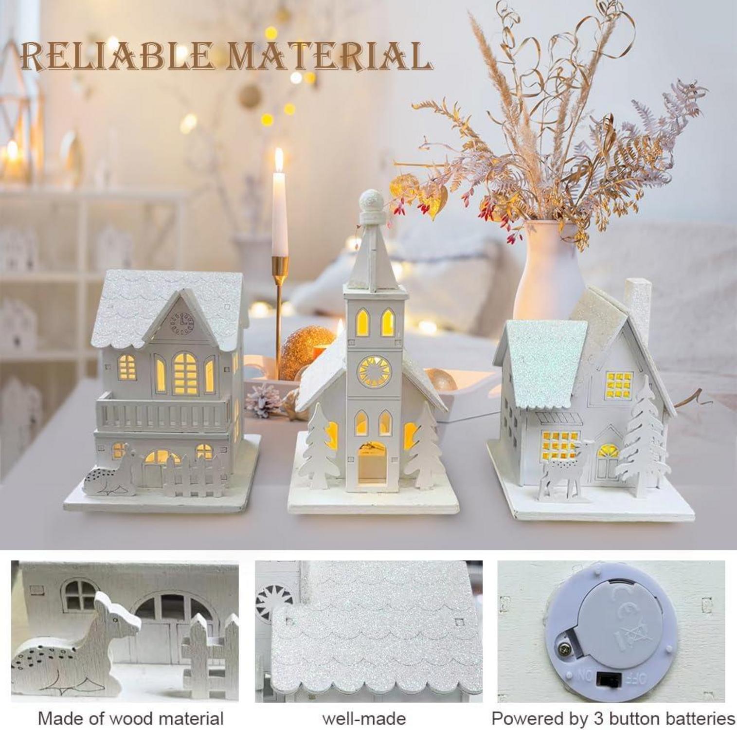 3-teiliges Weihnachtsdorf LED Beleuchtung Holz Weihnachtsdeko