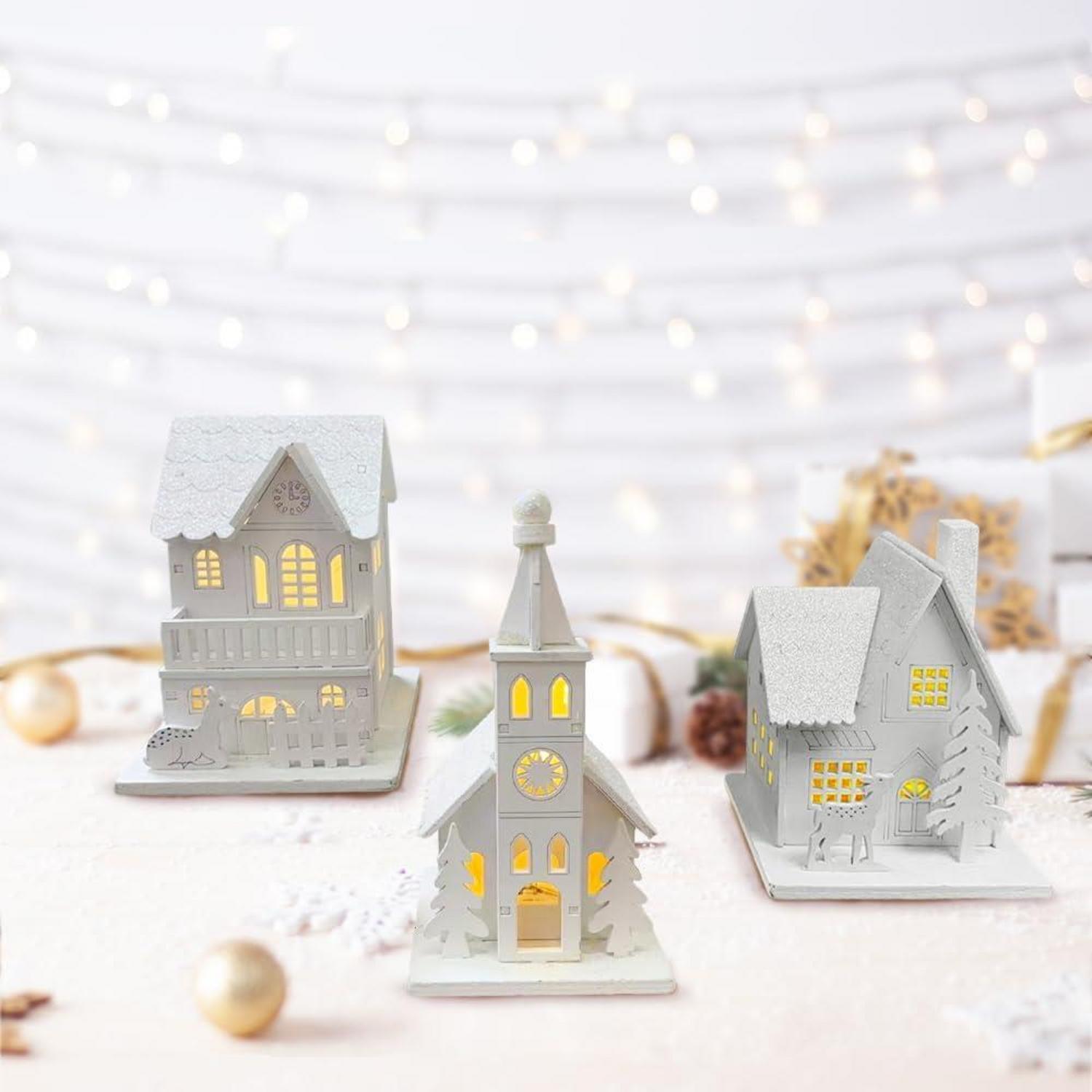 3er Set LED Weihnachtsdorf Häuser Holz Weihnachtsdeko Schwedisch Stimmungsvolle Lichter