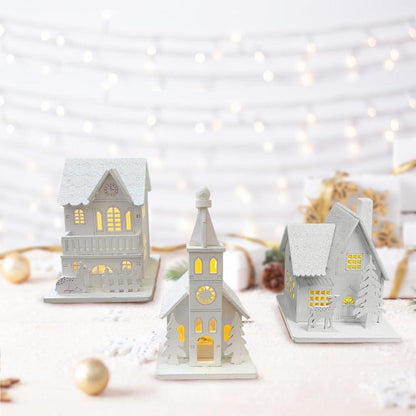3er Set LED Weihnachtsdorf Häuser Holz Weihnachtsdeko Schwedisch Stimmungsvolle Lichter