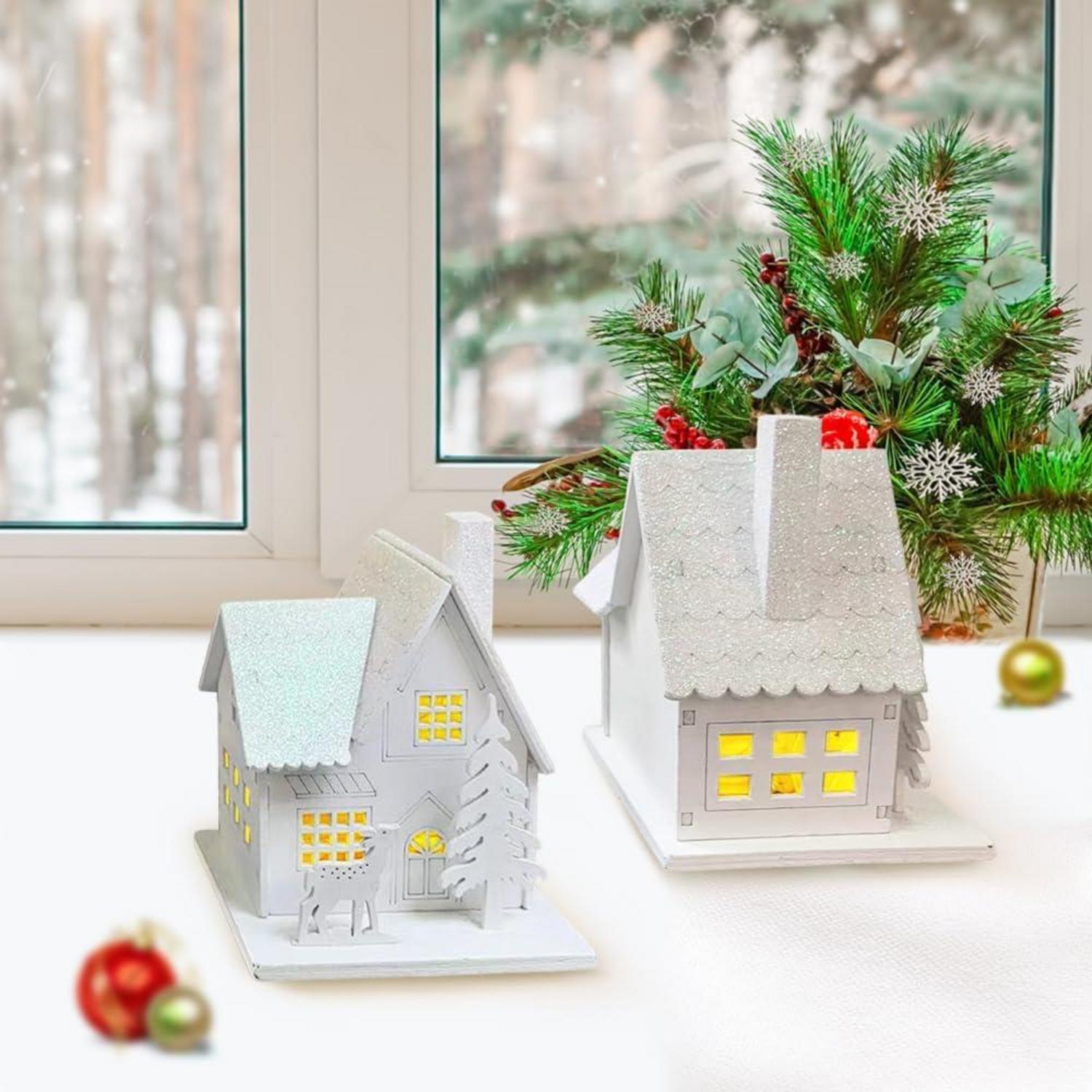 3er Set LED Weihnachtsdorf Holz beleuchtet Wichtelhaus Weihnachtsdeko