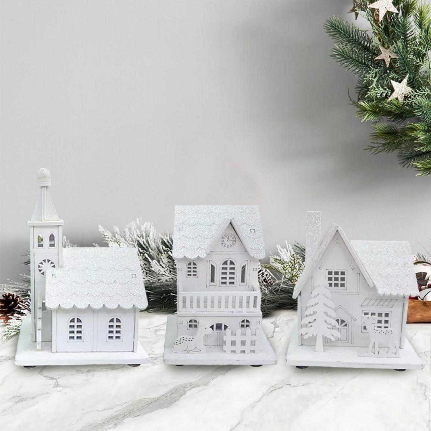 3er Set Weihnachtsdorf Holz LED Beleuchtung Weihnachtshaus Deko