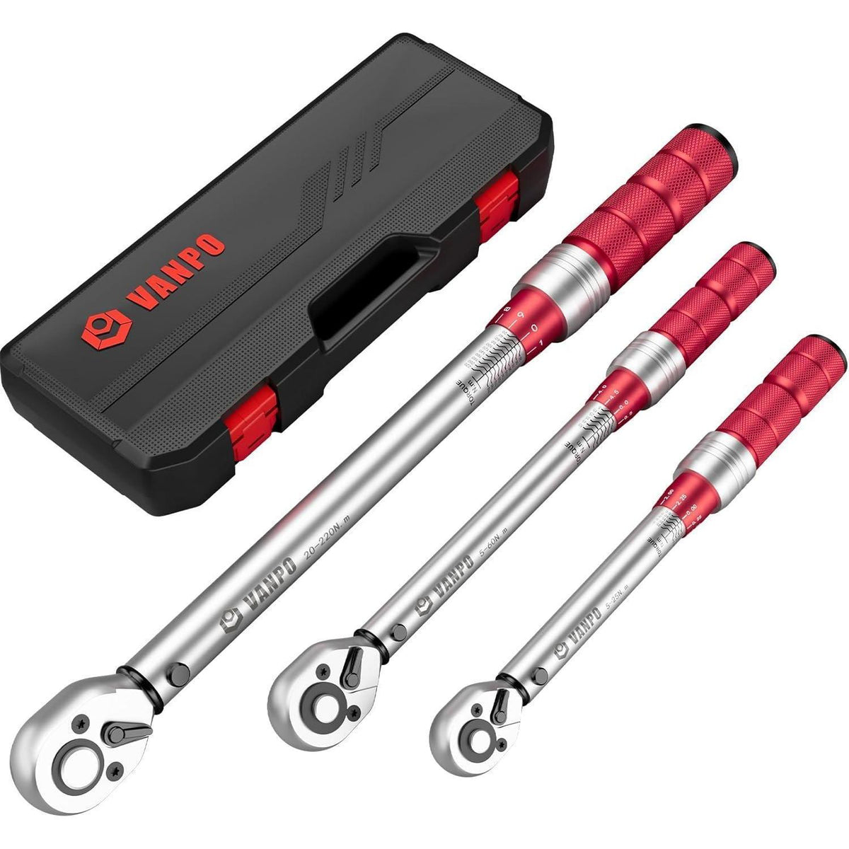 Drehmomentschlüssel Set 3-teilig 1/4" 3/8" 1/2" 5-220Nm Ratschenkopf