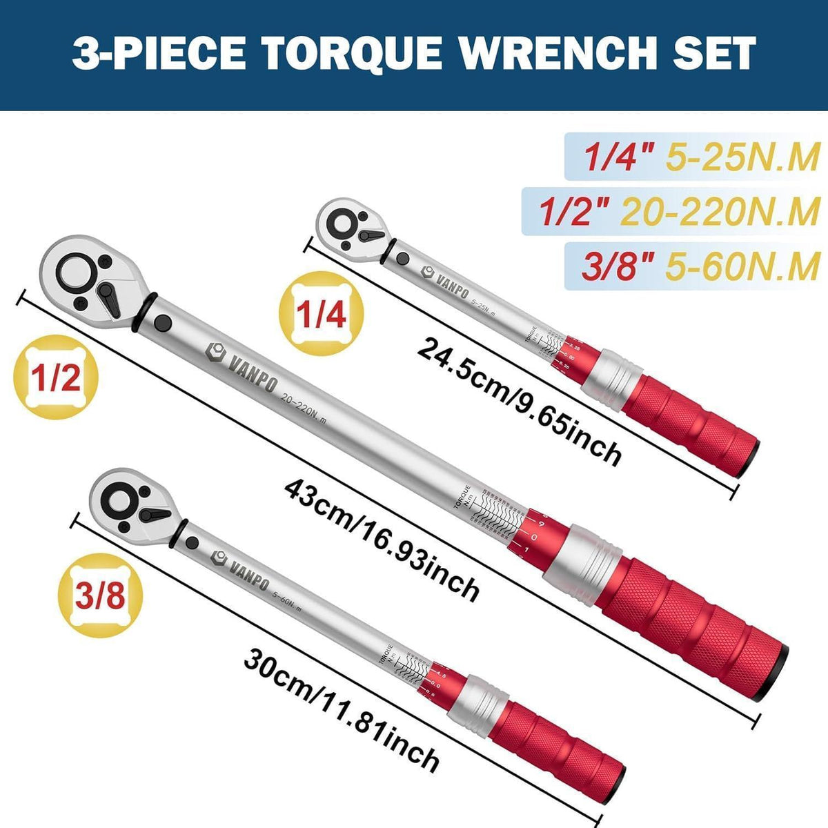 Drehmomentschlüssel Set 3-teilig 1/4" 3/8" 1/2" 5-220Nm Ratschenkopf