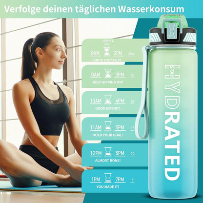 QLUR Trinkflasche 1L BPA-frei mit Strohhalm Zeitmarkierung